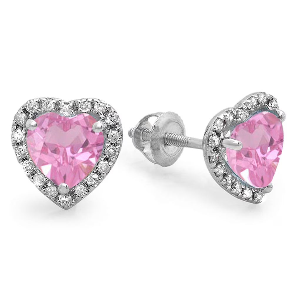 14K White Gold Heart Shape Pink Sapphire & Round Cut Diamond Halo Stud Earrings Z924836