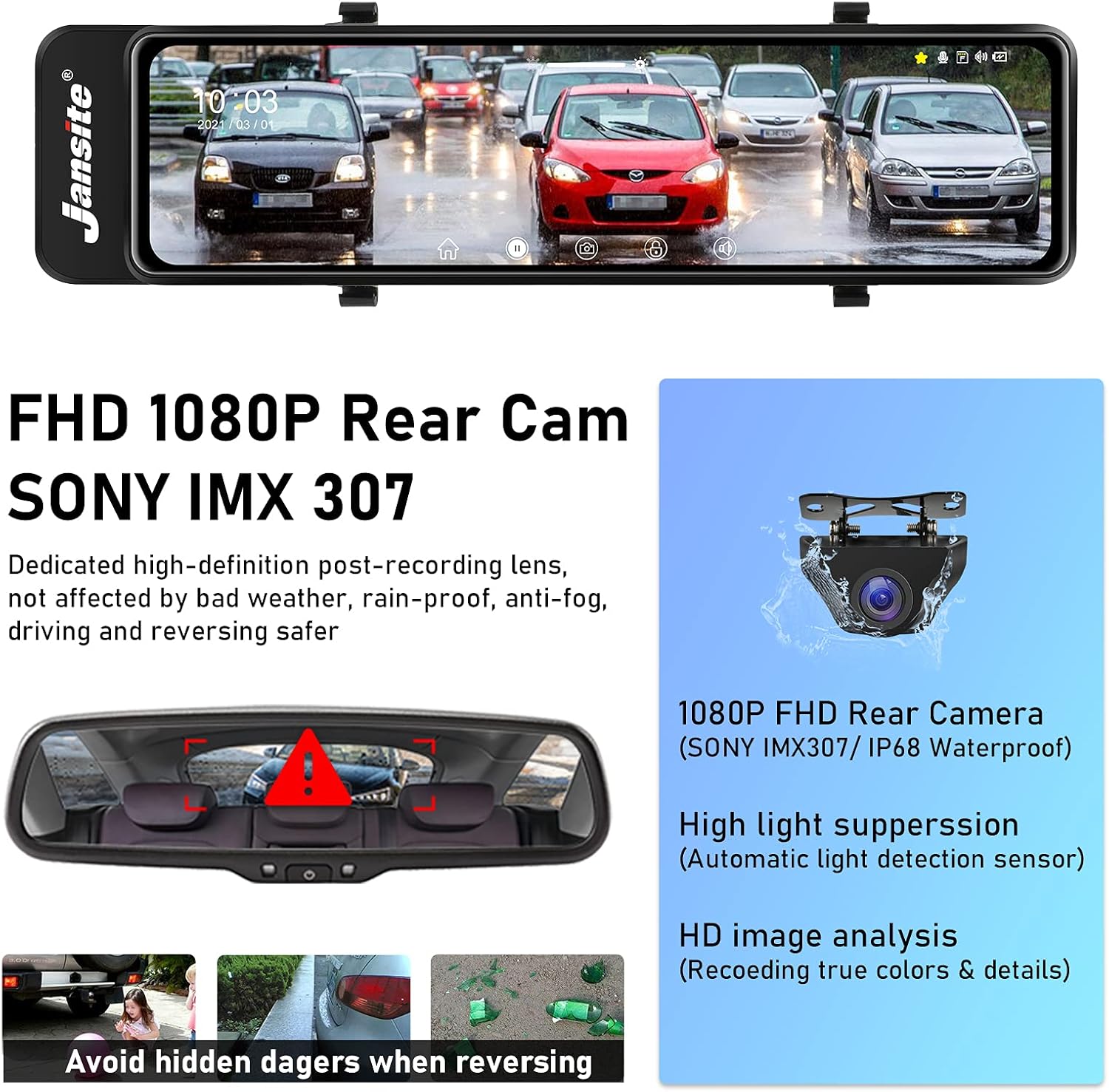 11'' Dual 1080P Rear View Mirror Dash Cam with Touch Screen U338