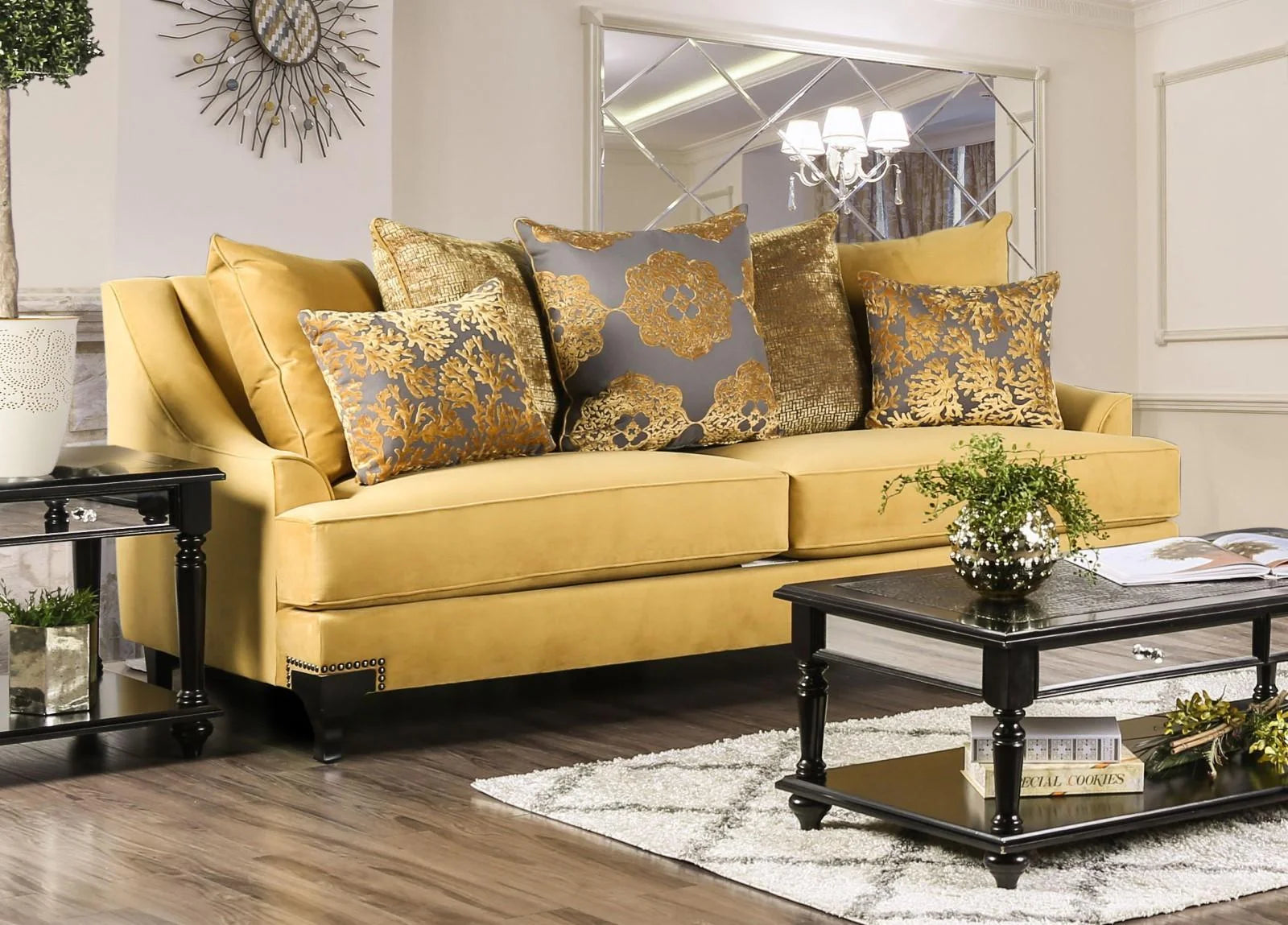 Gold & Gray Velvet-like Fabric Living Room Set 3pcs W164929