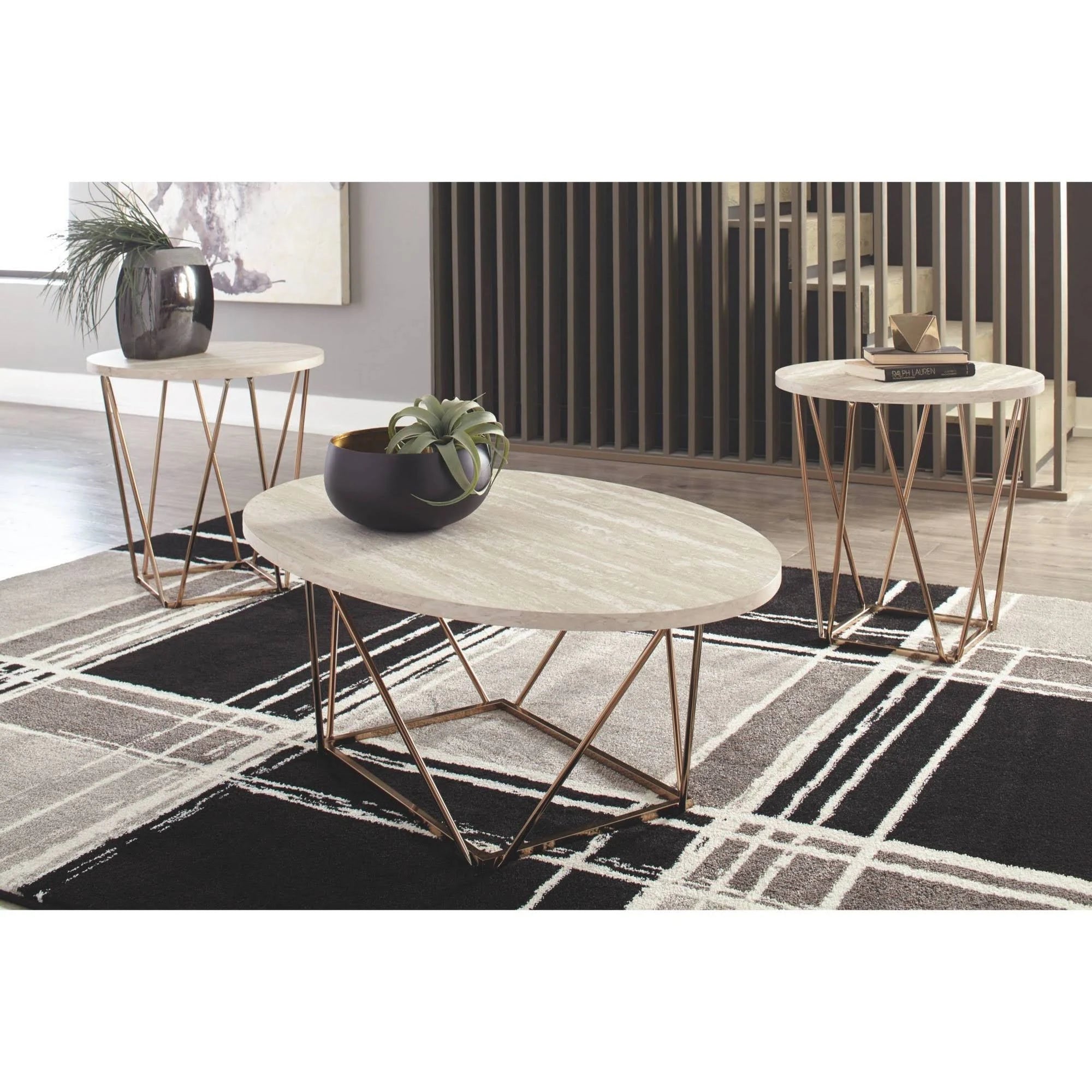 3 Piece Faux Marble Top Accent Coffee Table Set in Gold B945