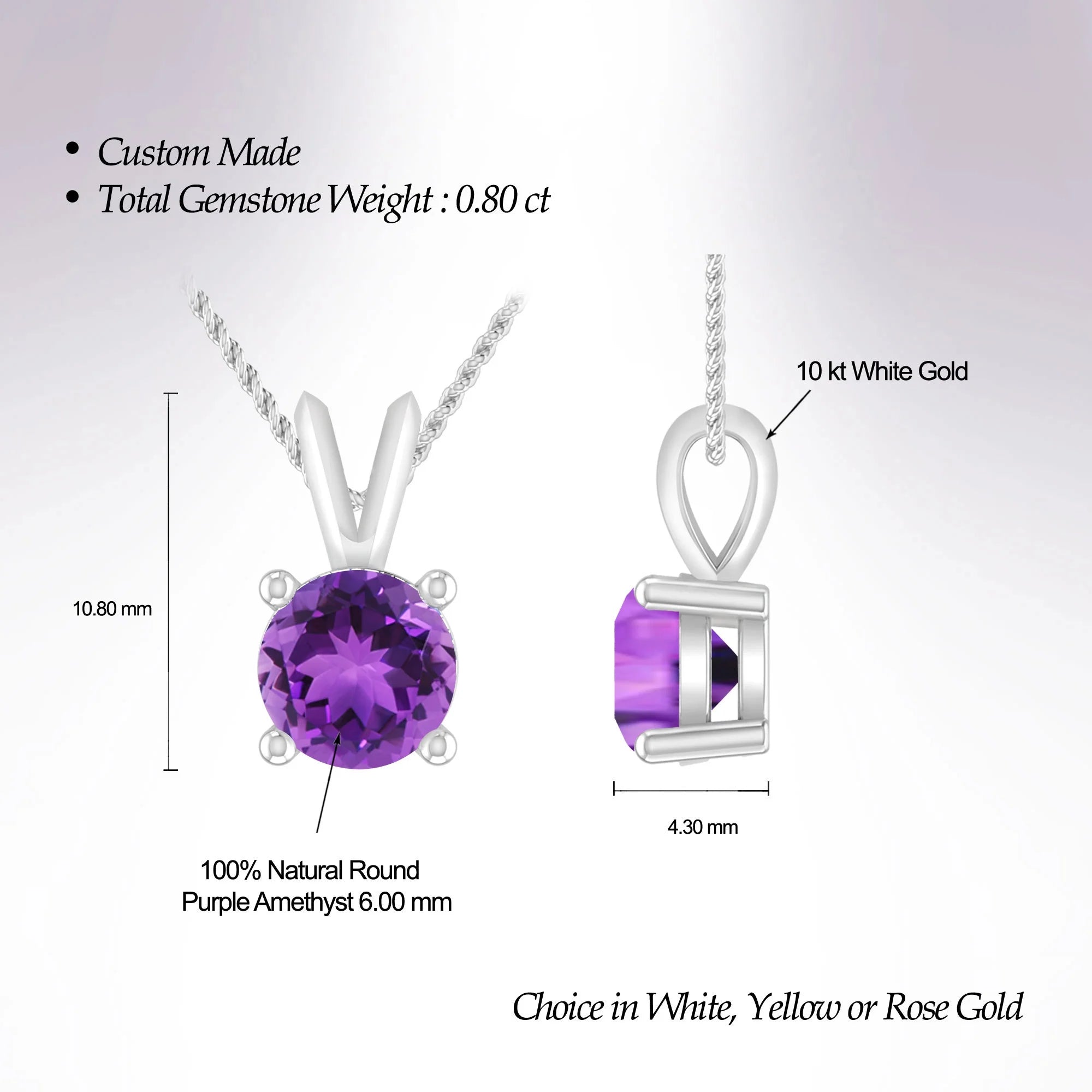 Amethyst 10K White Gold Solitaire Pendant Necklace C8060