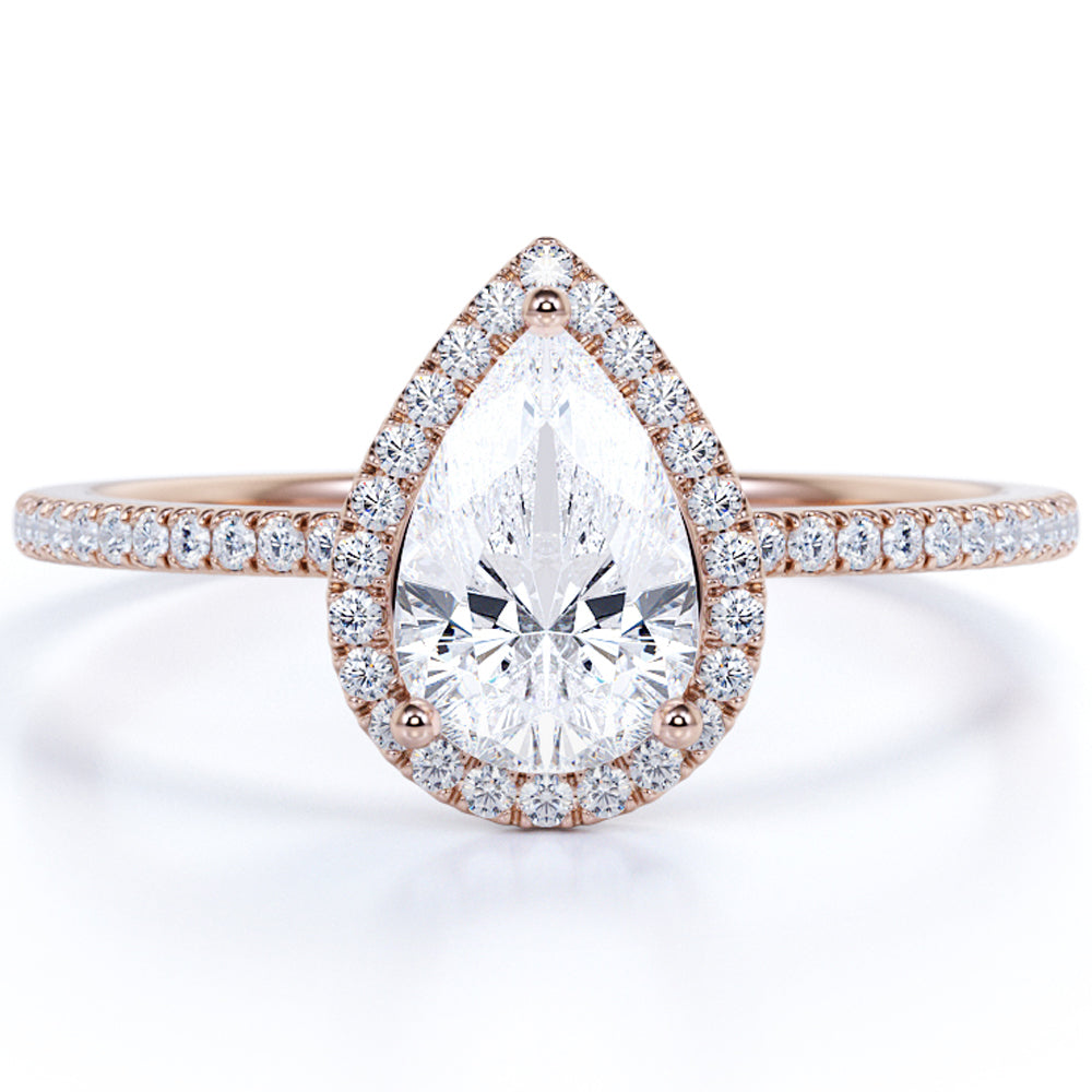 1.75 Carat Pear Cut Halo Engagement Ring with Moissanite in 18k Rose Gold Over Silver K532