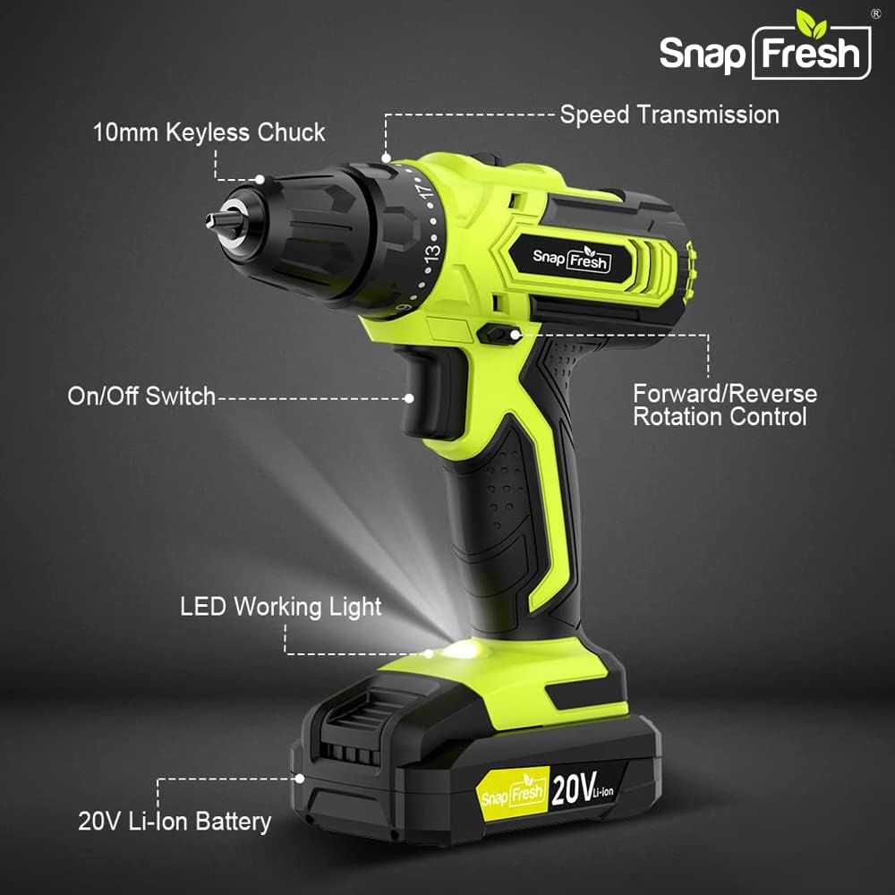 Cordless Drill Set with Battery and Charger, 2 Variable Speed, 21+1 Torque Setting, LED, 43pcs Drill Bits I6874