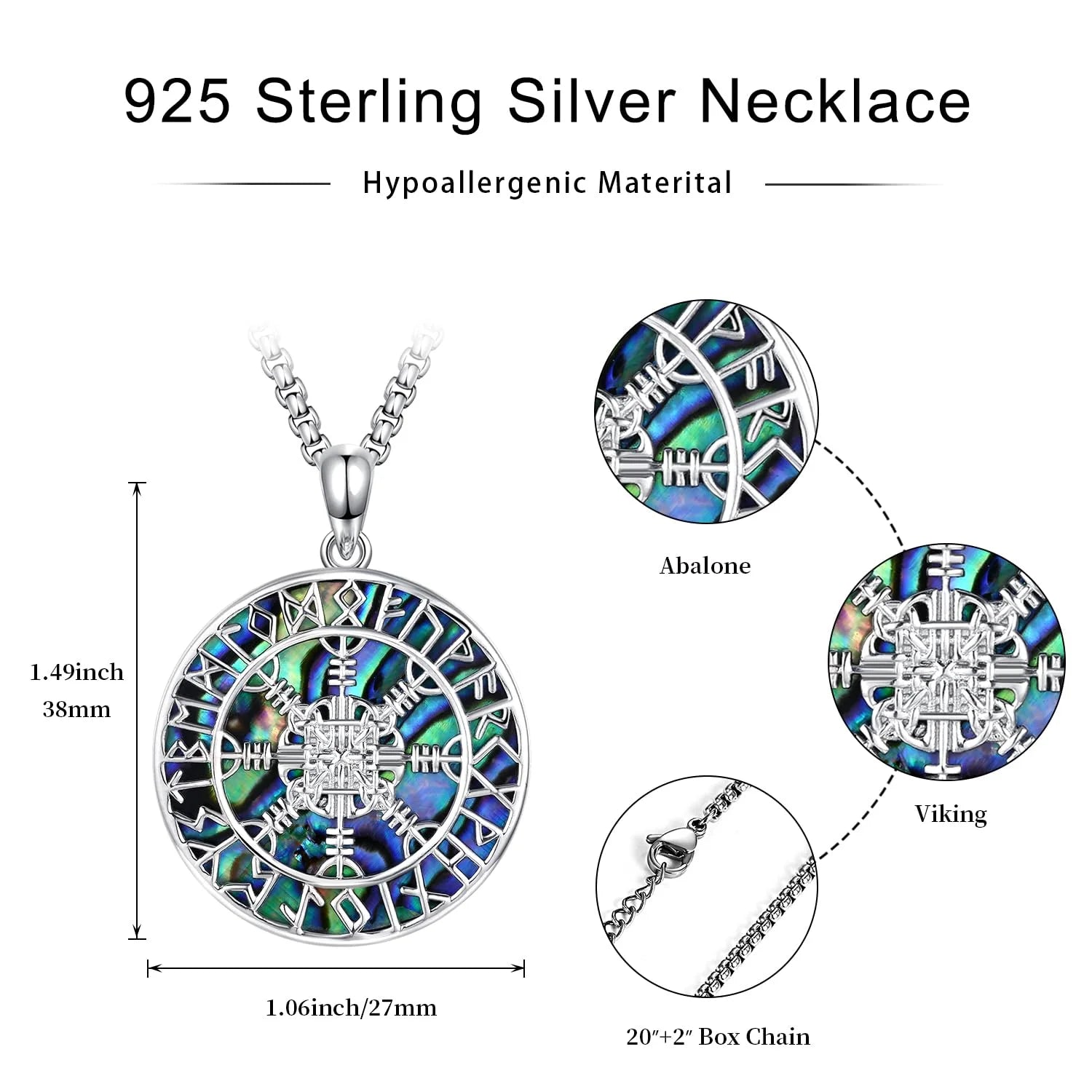 Viking Compass Necklace 925 Sterling Silver Vegvisir Pendant Amulet Q53725