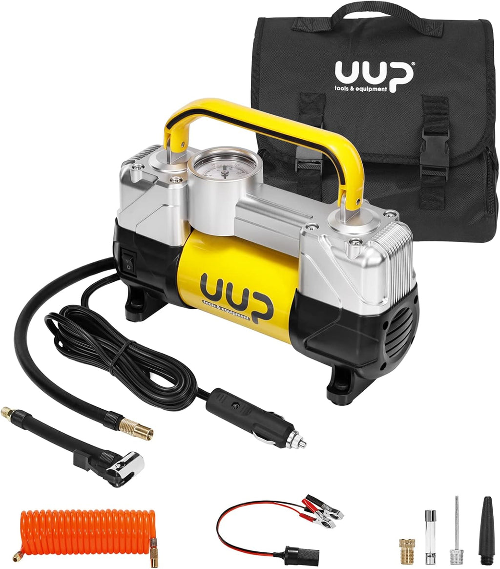 Portable Air Compressor Tire Inflator Heavy Duty Double Cylinders with 12V DC, Metal Air Pump with Emergency LED Light, Pack of 2 X881886