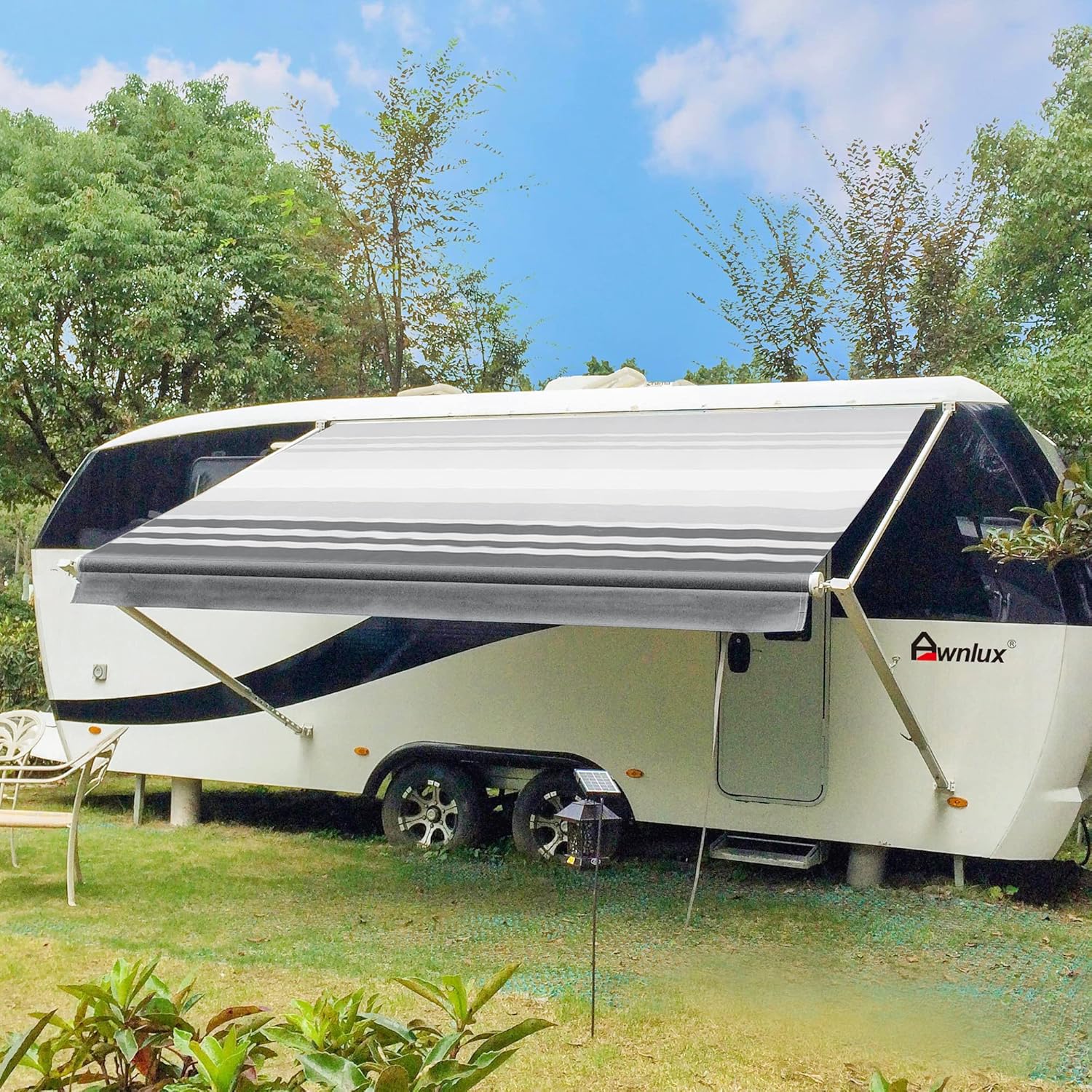White Manual Modular Retractable RV Awning Full Set Assemblies 15x8 Ft Ocean Blue Y806
