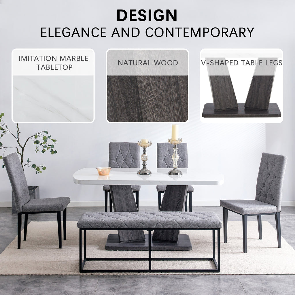 6PCS Faux Marble Dining Table Set with 4 Fabric Chairs and 1 Fabric Bench B5005