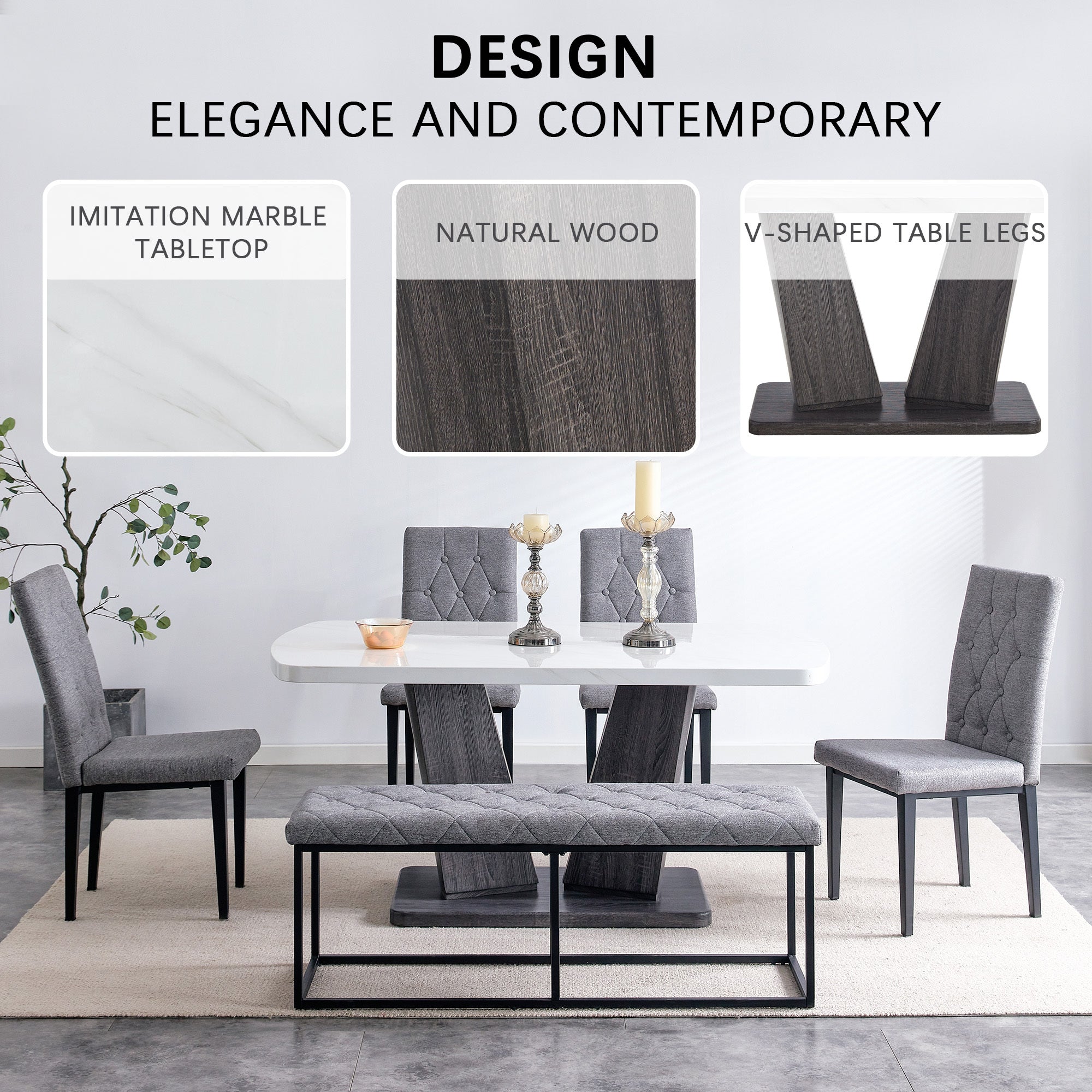 6PCS Faux Marble Dining Table Set with 4 Fabric Chairs and 1 Fabric Bench B5005