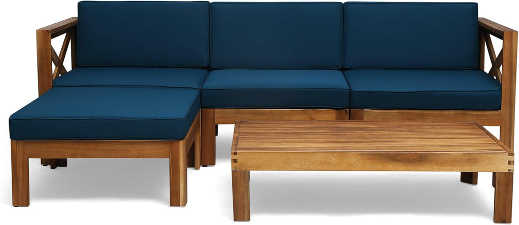 Teak Finish Dark Teal Outdoor Acacia Wood 5 Piece Sofa Set F673
