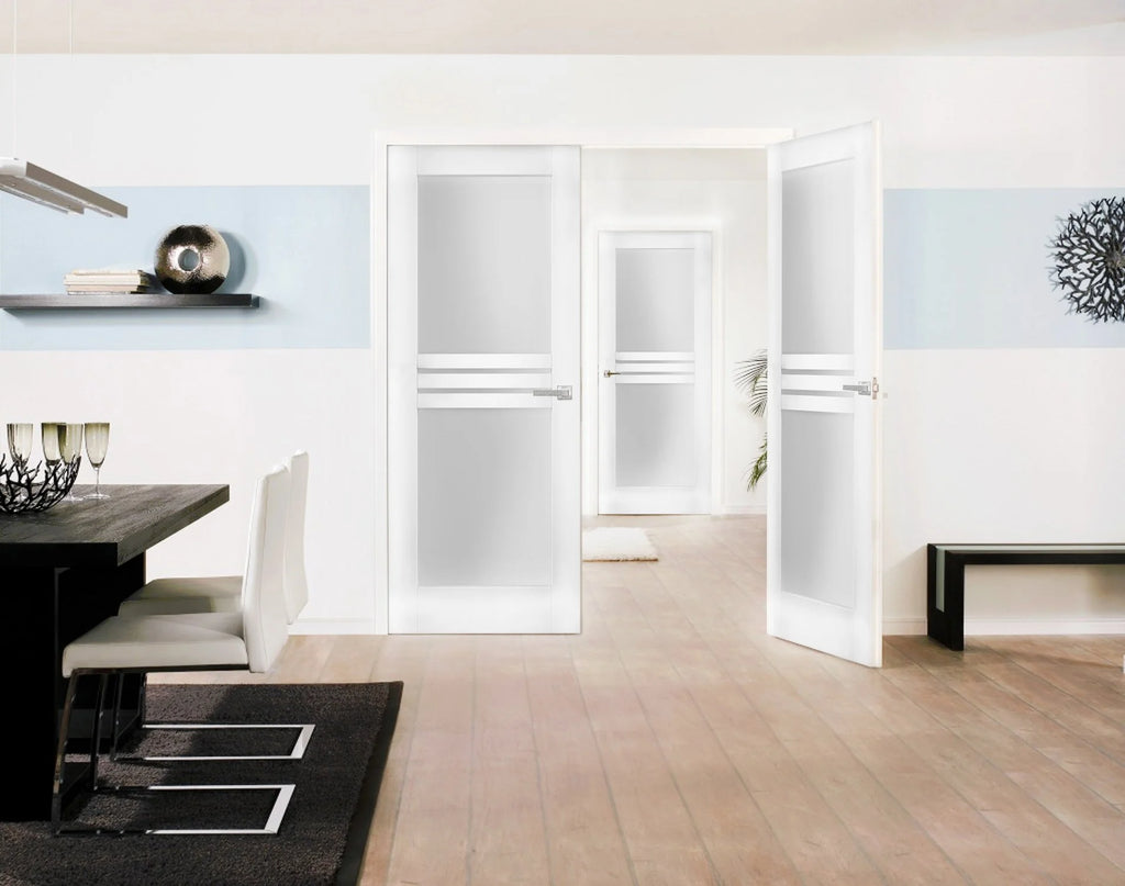 Solid French Double Doors 84 x 80 inches Opaque Glass 4 Lites Wood Solid Panel Frame G1971