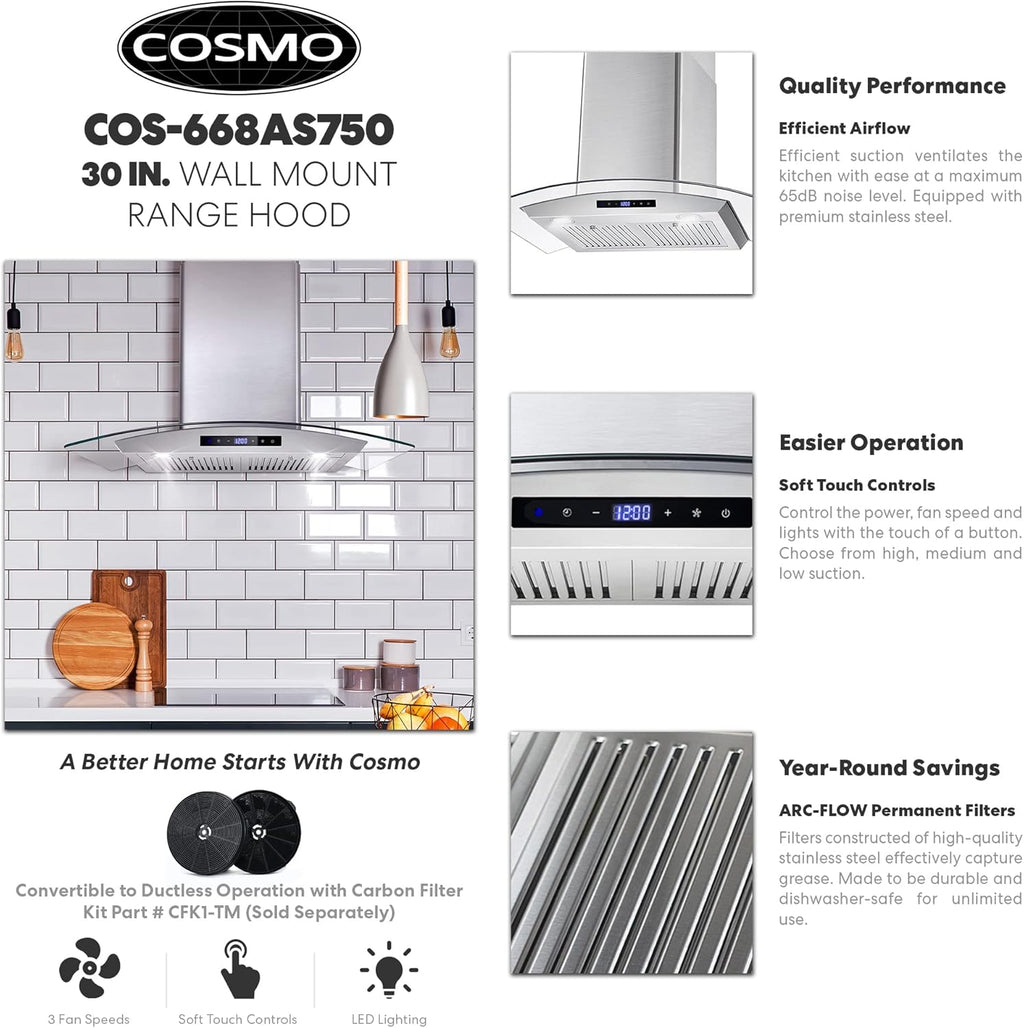 30 in. Wall Mount Range Hood with 380 CFM, Curved Glass, Stainless Steel Z3668