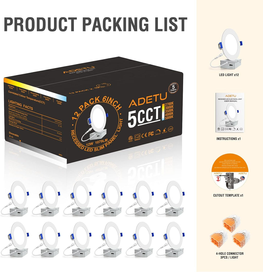 12 Pack 6Inch 5CCT Dimmable LED Recessed Light with Junction Box B2638