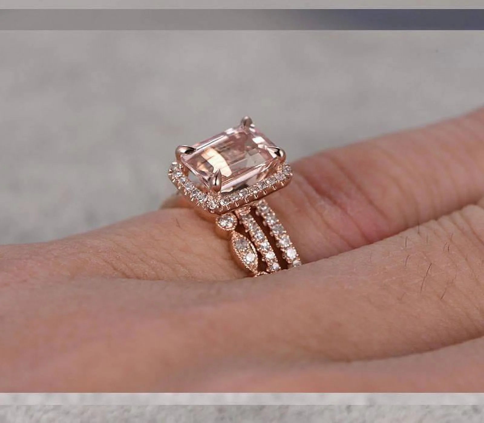 Emerald Cut Morganite Ring With Diamond Moissanites In 10K Rose Gold With Engagement Ring And 2 Wedding Bands Q7684