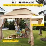 11x11ft 2-Tier Steel Patio Gazebo Canopy with Netting D6378
