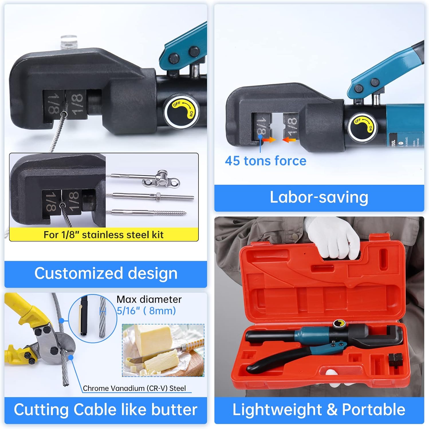 Hydraulic Hand Crimper Tool for 1/8" Stainless Steel Cable Railing Fittings, 45 Ton, with Cable Cutter C8201