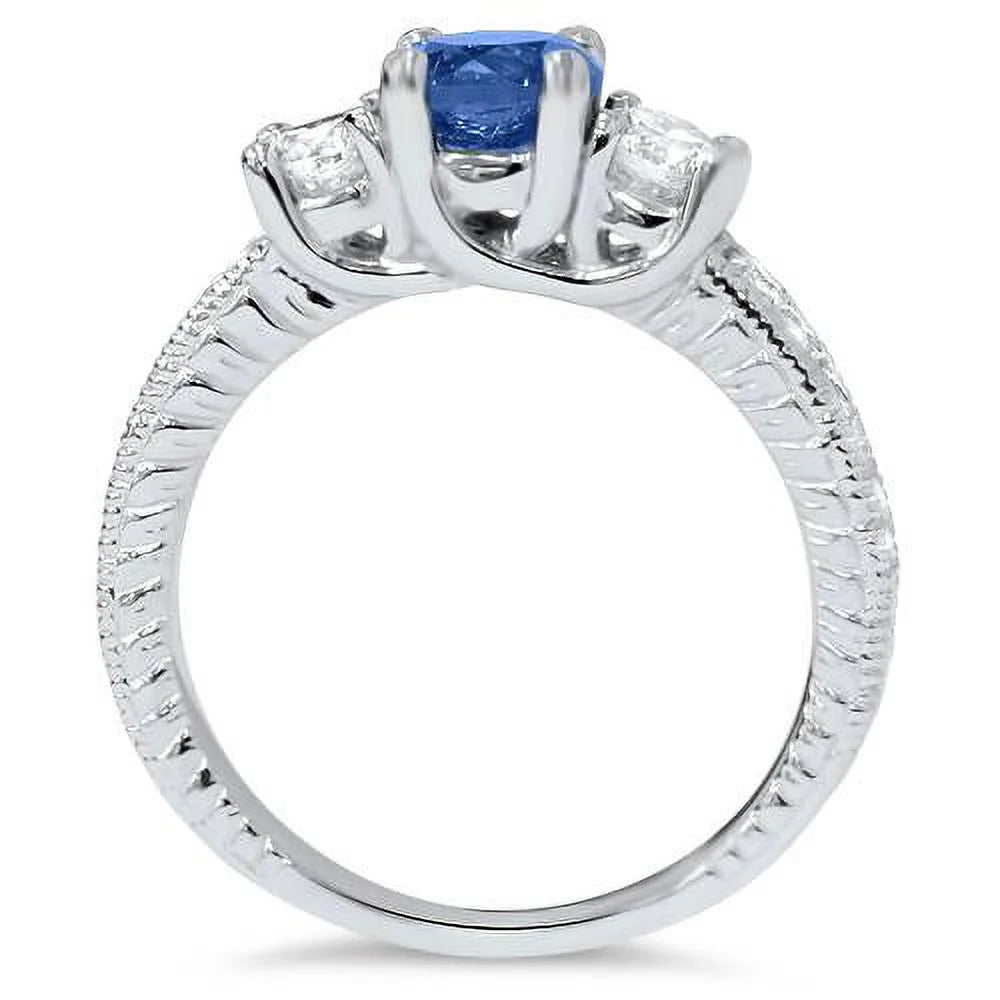 1ct Vintage Blue Diamond 3-Stone Engagement Ring 14K White Gold W993299
