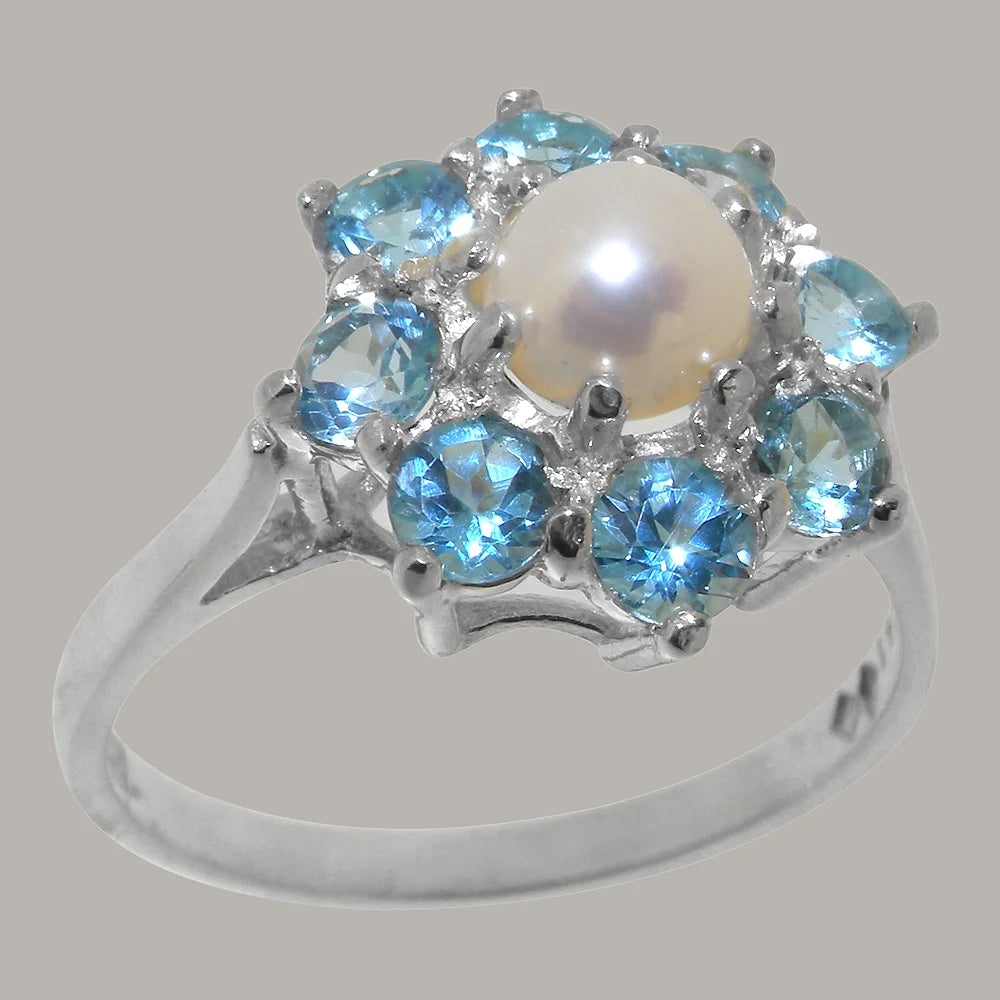 10k White Gold Cultured Pearl Blue Topaz Womens Statement Ring M125894