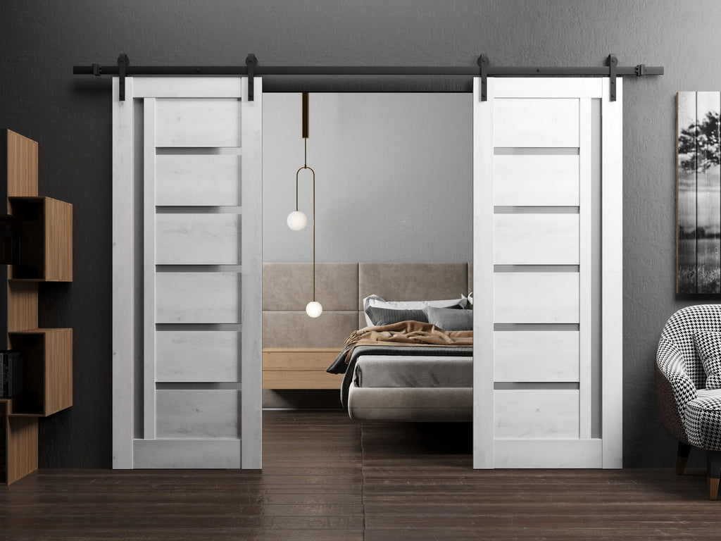Double Barn Door 64 x 80 inches Nordic White with Frosted Glass Stainless Steel Rail Hangers B1172