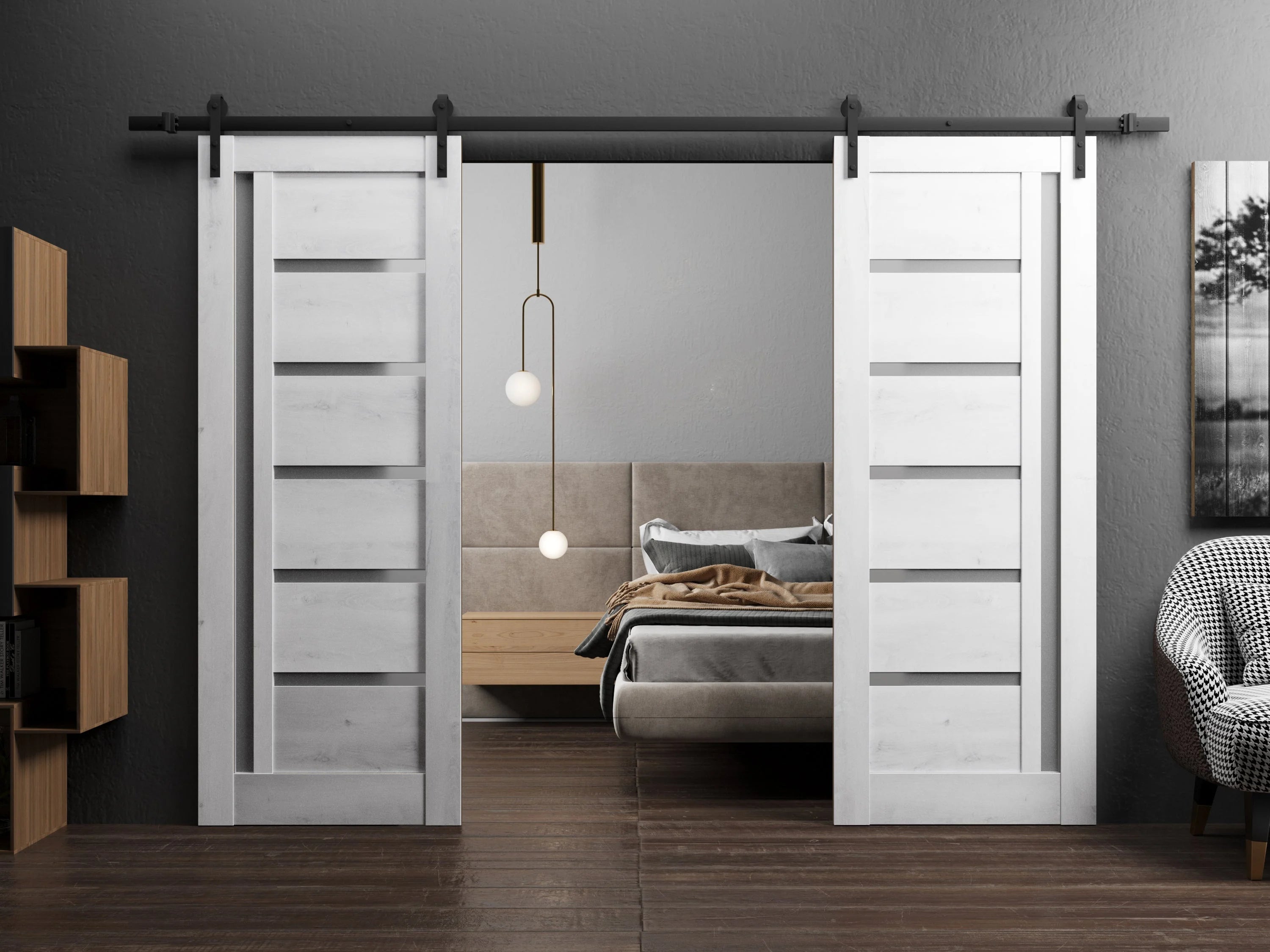 Double Barn Door 64 x 80 inches Nordic White with Frosted Glass Stainless Steel Rail Hangers B1172