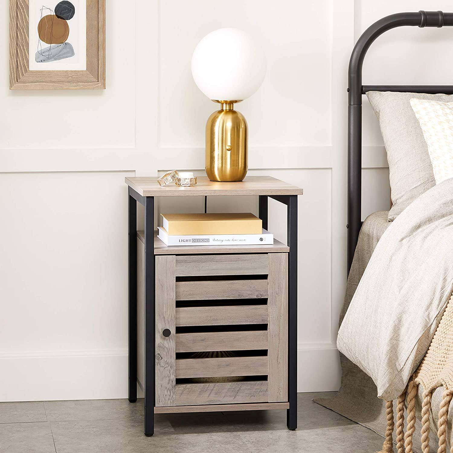 Greige Nightstand End Table with Cabinet and Shelf H170