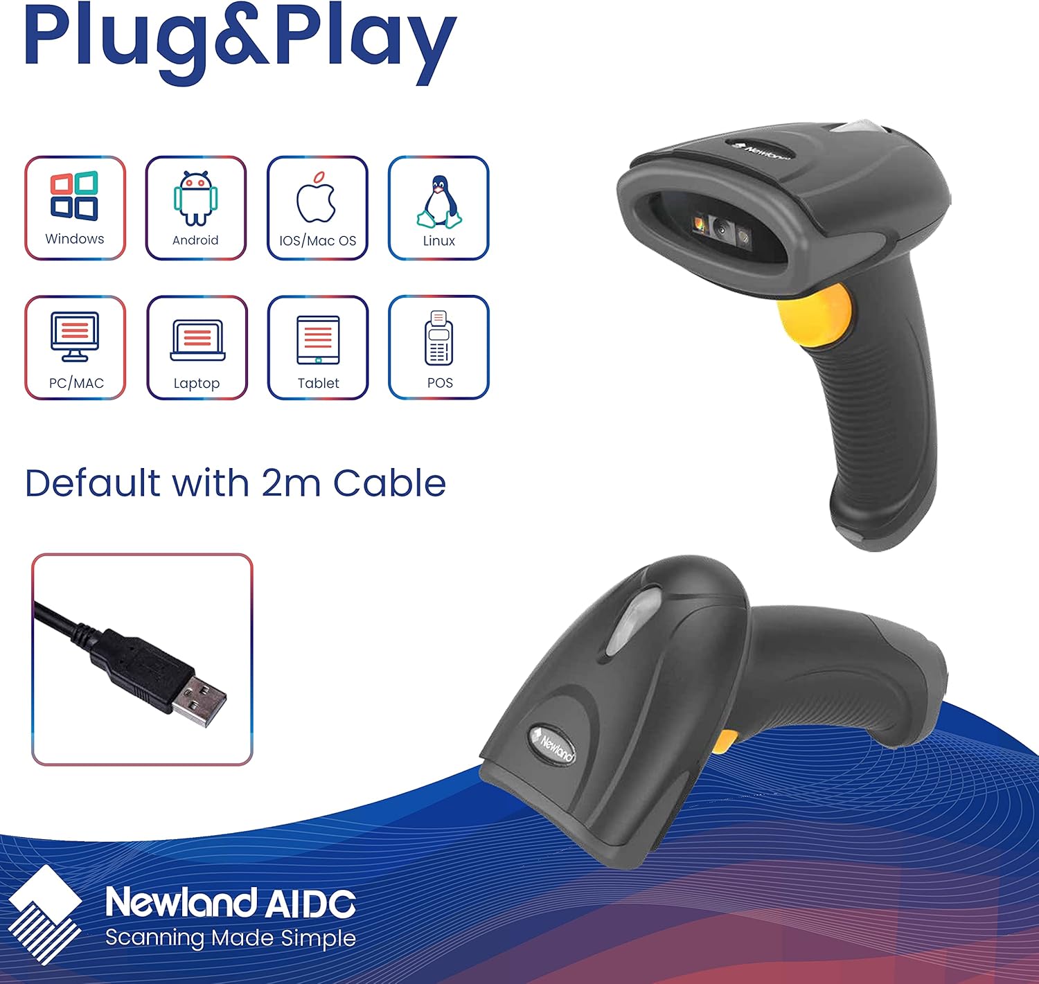2D Wireless Barcode Scanner with Bluetooth, Portable USB, Cordless, Rechargeable Y70390