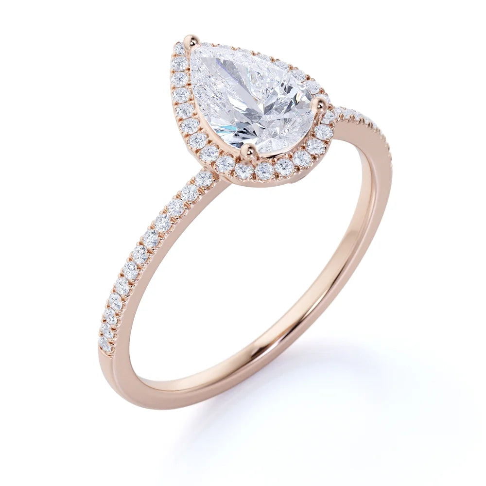 1.75 Carat Pear Cut Halo Engagement Ring with Moissanite in 18k Rose Gold Over Silver K532