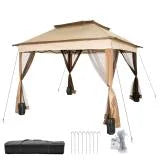 11x11ft 2-Tier Steel Patio Gazebo Canopy with Netting D6378