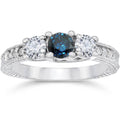 1ct Vintage Blue Diamond 3-Stone Engagement Ring 14K White Gold W993299