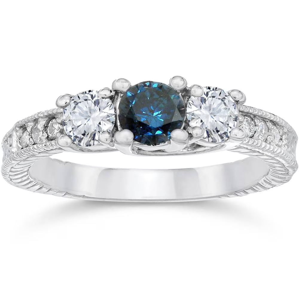 1ct Vintage Blue Diamond 3-Stone Engagement Ring 14K White Gold W993299