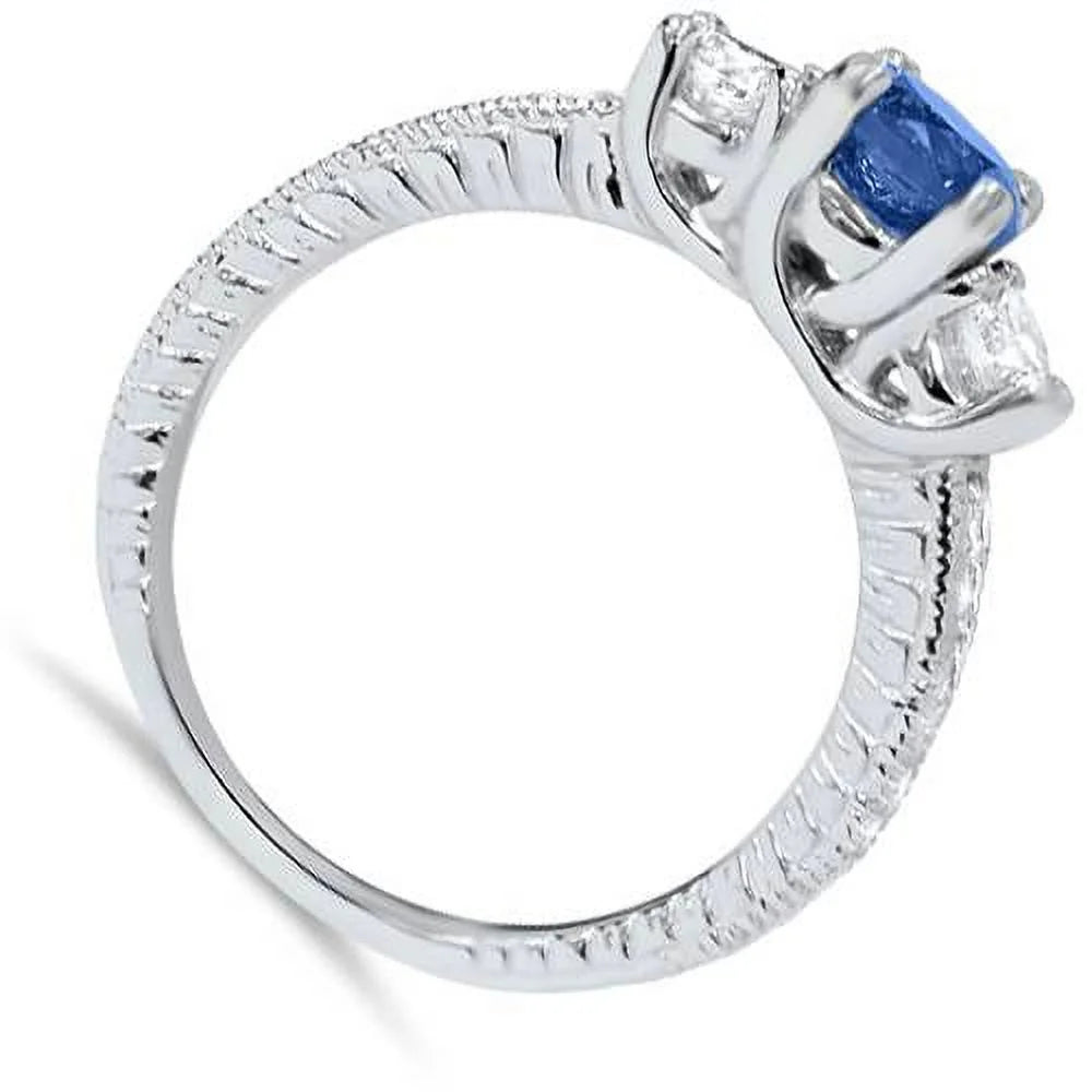 1ct Vintage Blue Diamond 3-Stone Engagement Ring 14K White Gold W993299