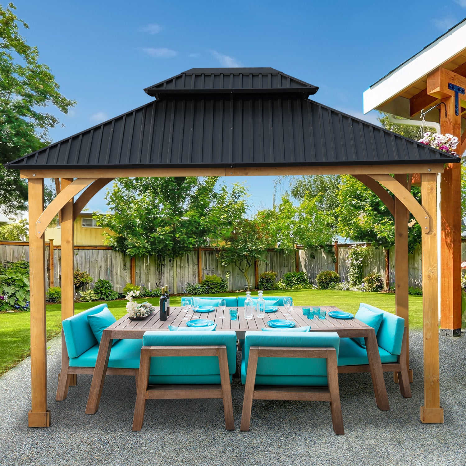 12 x 10 ft. Outdoor Solid Wooden Frame Gazebo with 2-Tier Hardtop Roof T30628