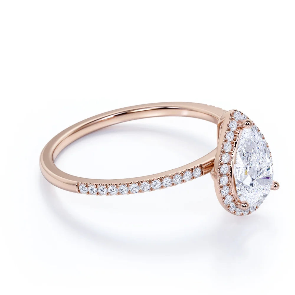 1.75 Carat Pear Cut Halo Engagement Ring with Moissanite in 18k Rose Gold Over Silver K532