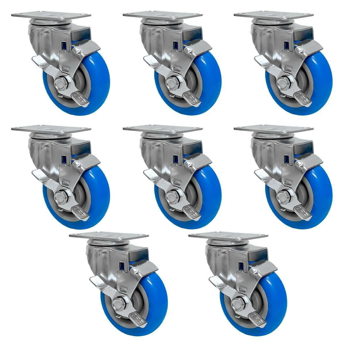 8 Pack 4 inch Blue Heavy Duty Caster Wheel with Top Plate and Side Lock Brake W9416