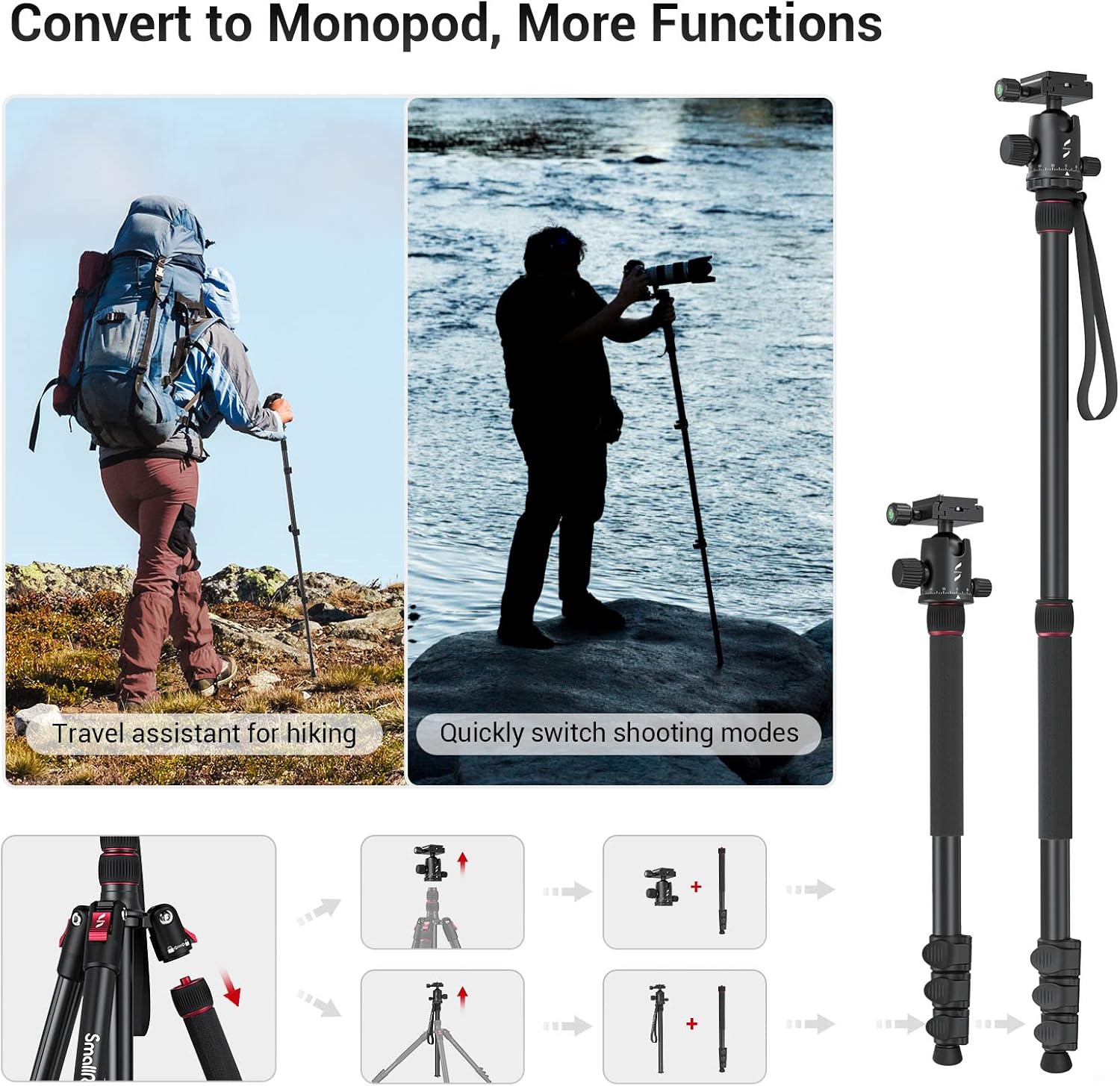 Aluminum Camera Tripod Monopod, Foldable, 360 Degree Ball Head Quick Release Plate, Max. Payload 33lb, Adjustable Height 18.5 to 78, Pack of 2 W258158