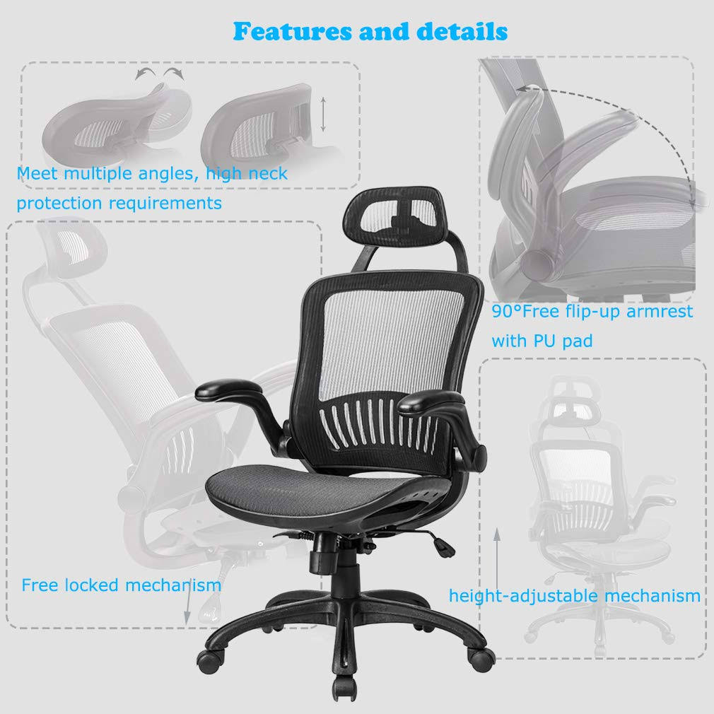Mesh Executive Chair High Back with Adjustable Headrest and Padded Flip-Up Arms B1173