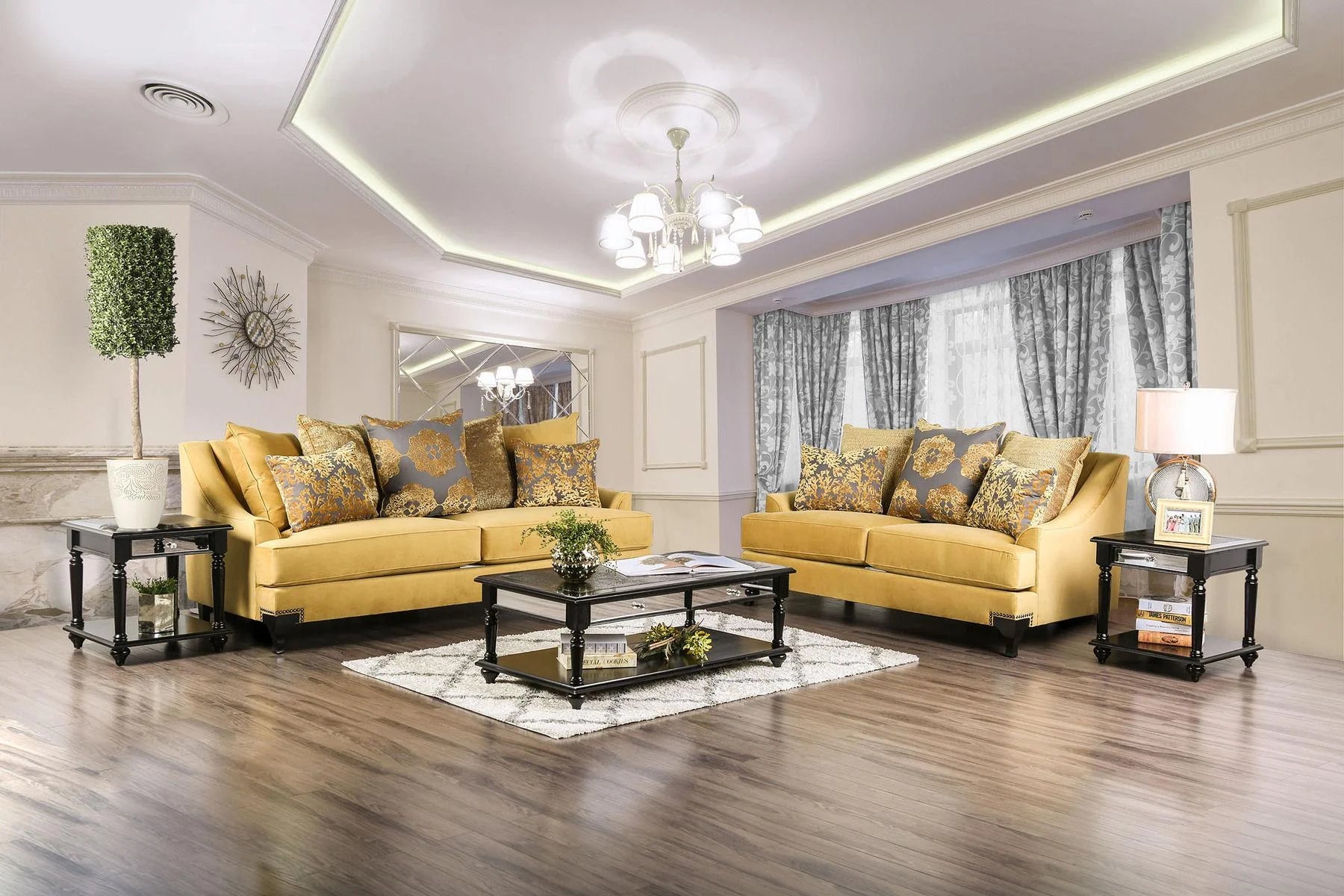 Gold & Gray Velvet-like Fabric Living Room Set 3pcs W164929
