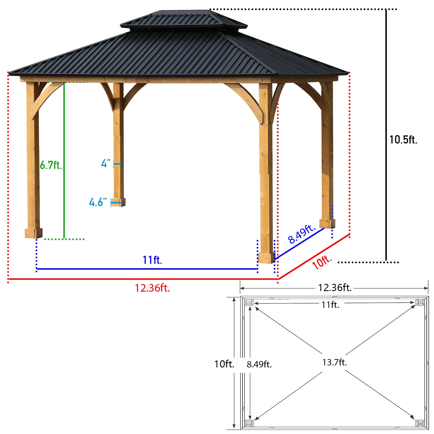 12 x 10 ft. Outdoor Solid Wooden Frame Gazebo with 2-Tier Hardtop Roof T30628