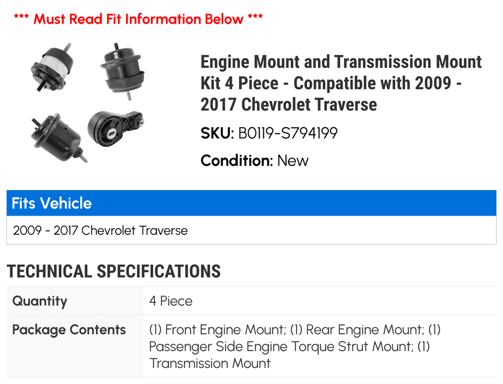 Engine Mount and Transmission Mount Kit 4 Piece C7784